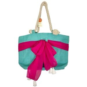 Mud Pie Jute Beach Bag Removable Sarong Turquoise Pink Zip Close 18” x 13” New